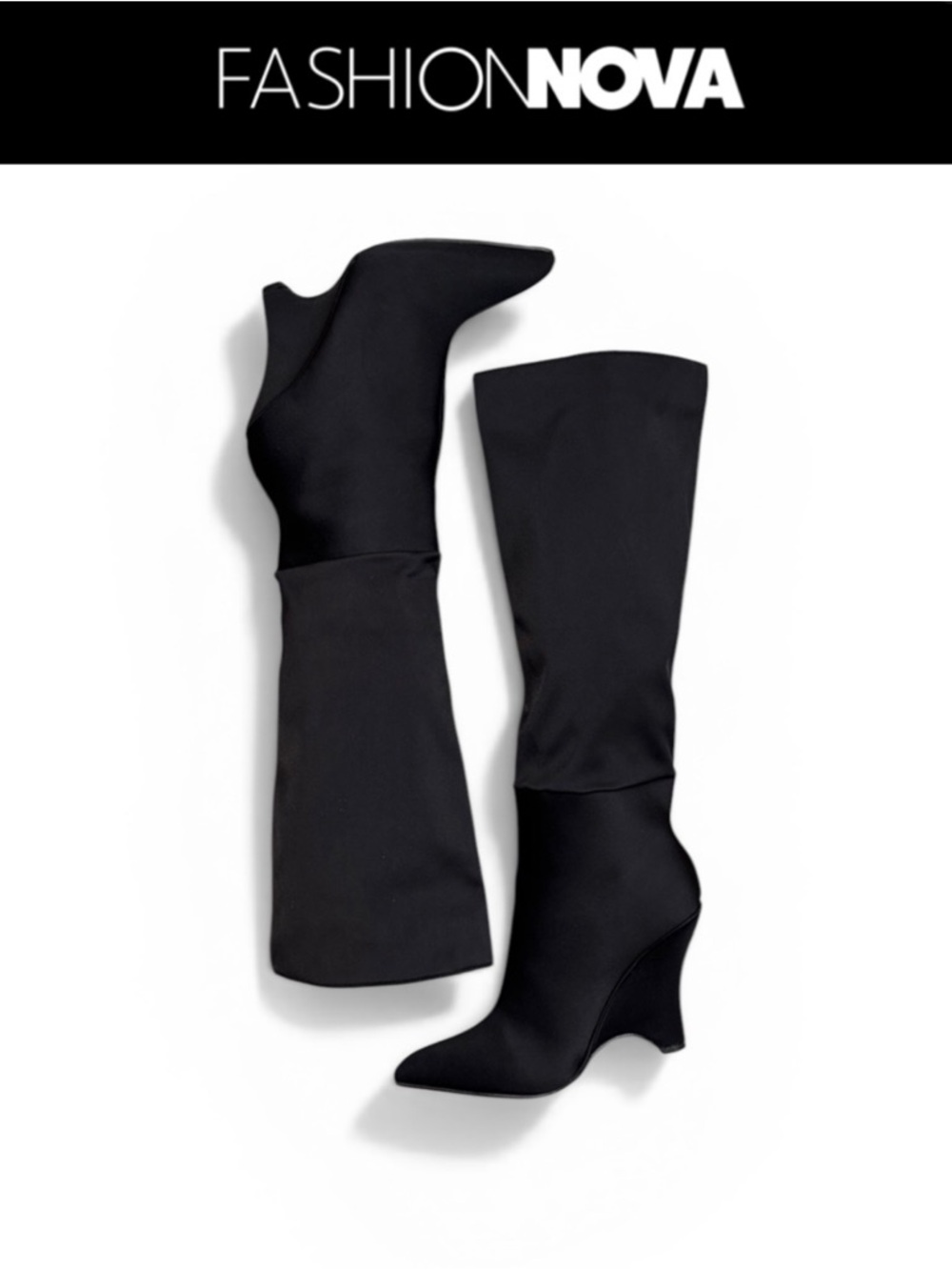 FASHION NOVA LENNOX BLACK STRETCH KNEE HIGH BOOTS POINT TOE SCULPTED WEDGE HEEL